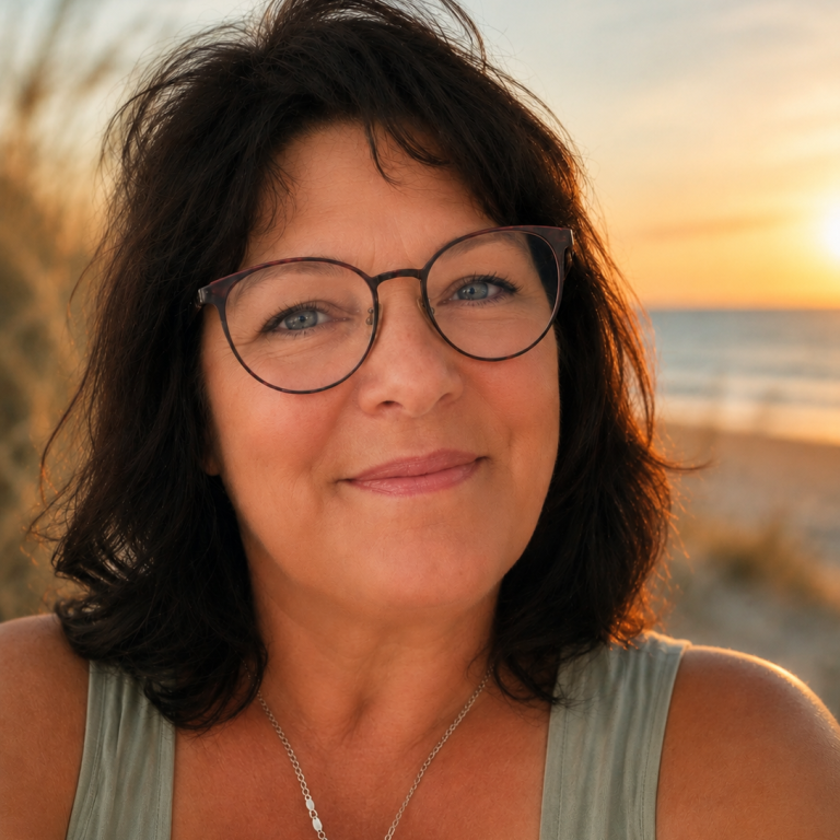 Einfühlsame Beratung trifft Intuition Frau mit Brille lächelt in einem hellen Raum, im Hintergrund ein Strandbild.